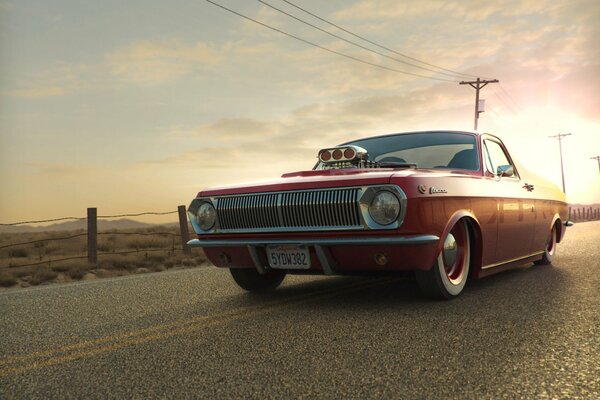 A red Volga car is driving on the road