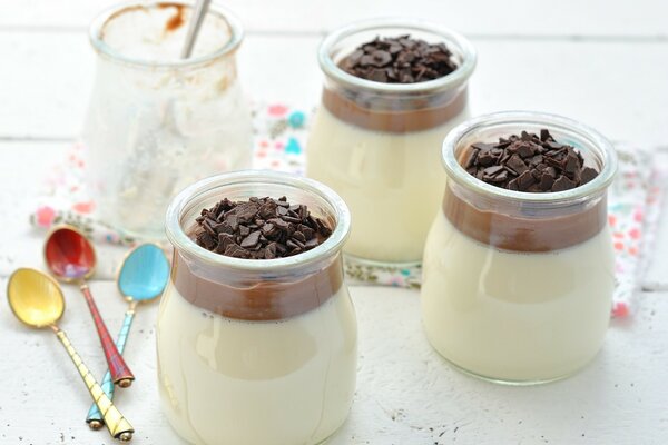 Panna cotta with chocolate pudding in glass vessels