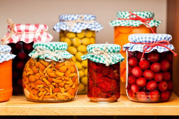 Jars with delicious salted mushrooms