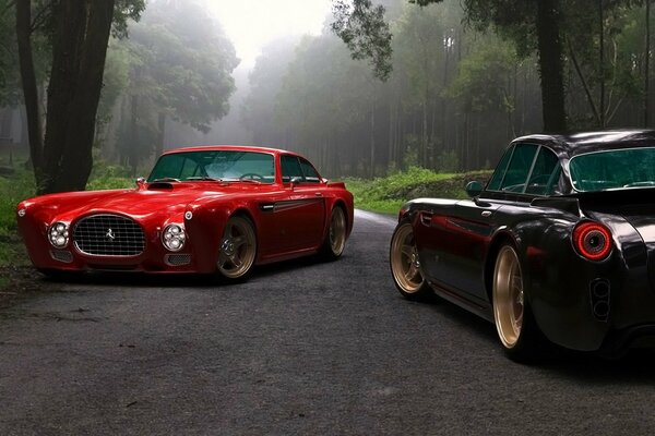 Zwei Ferraris auf der Straße im Wald