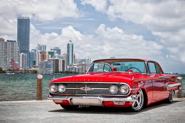 Skyscrapers and a red retro car