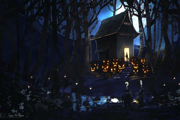 Halloween night with pumpkins in the forest