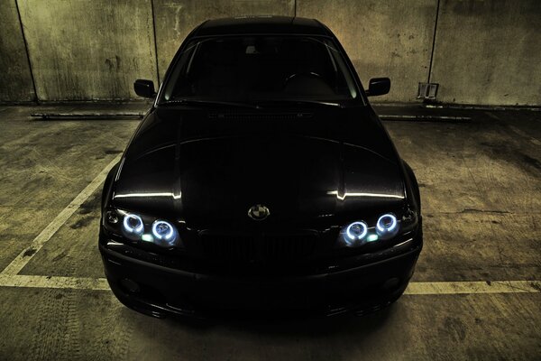 Black car in the underground parking lot