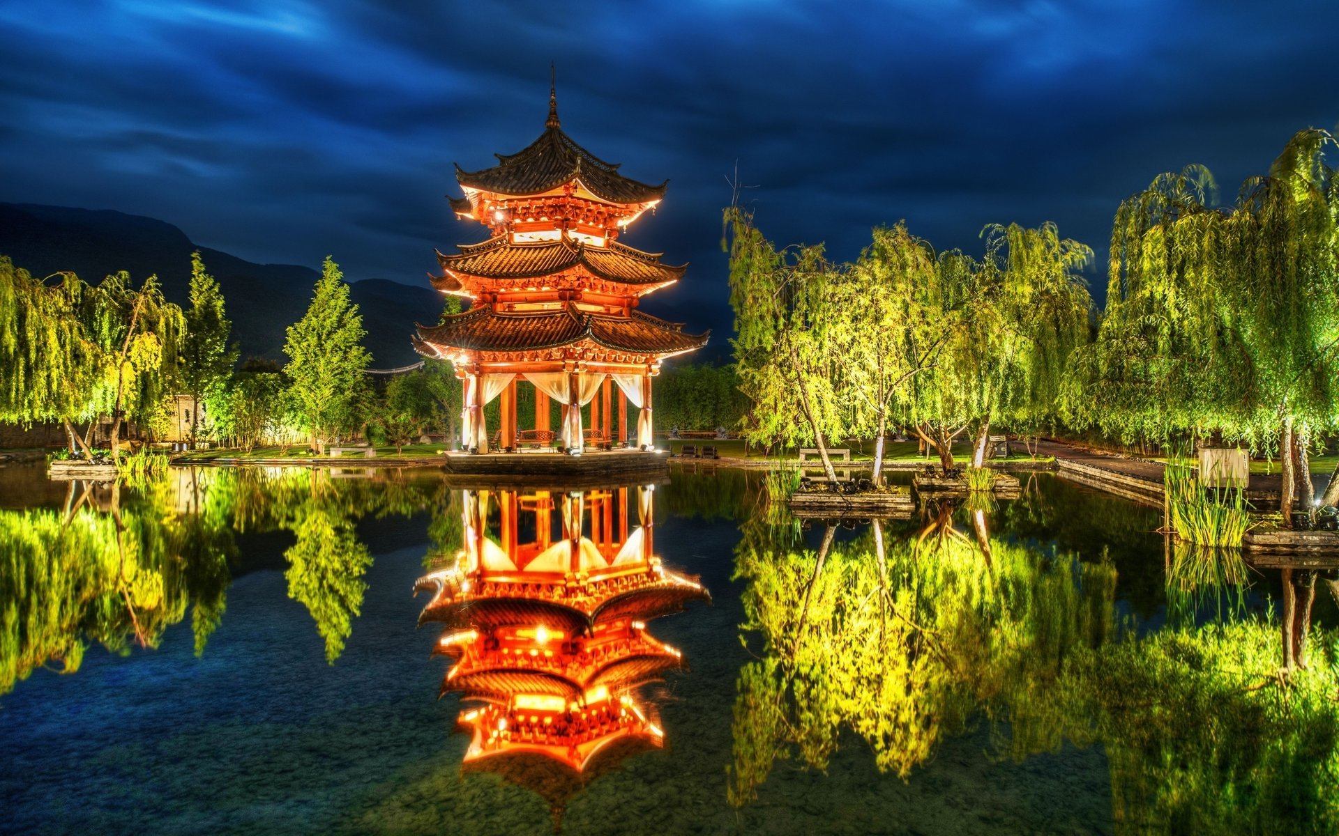 forest lake night the sky pagoda