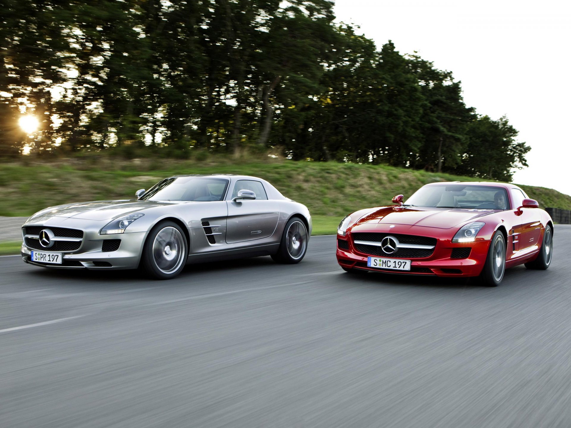 mercedes benz sls amg desert sun road red silver tree speed