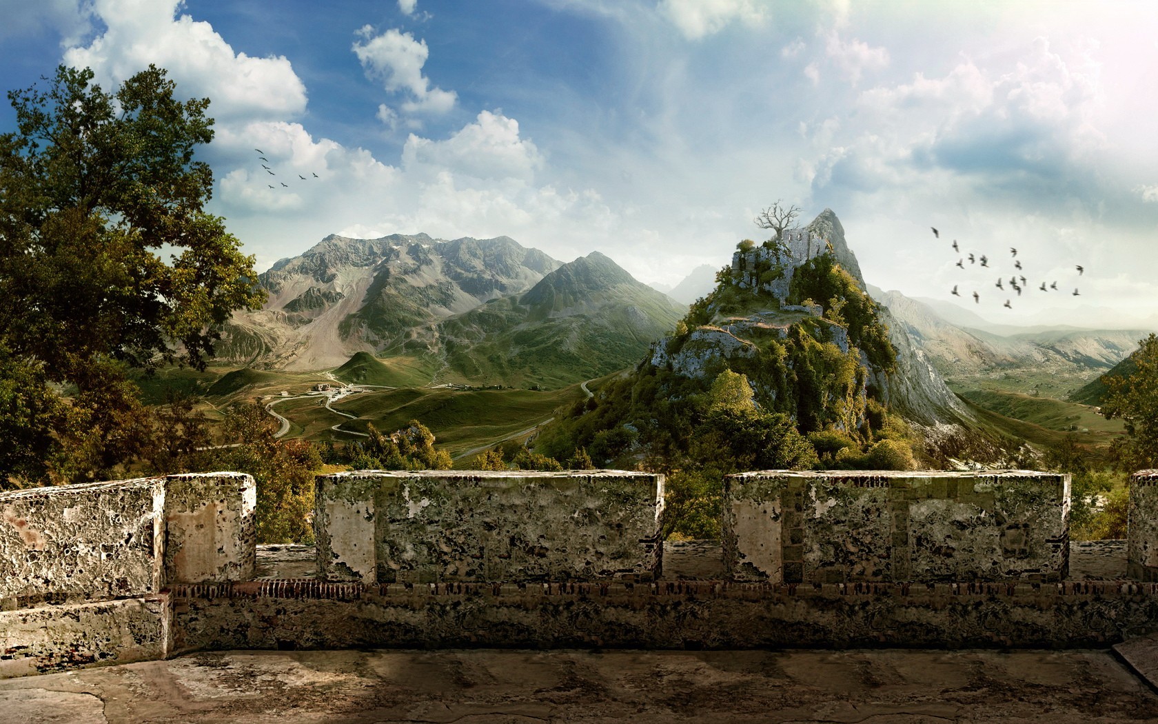 balcony birds mountain ruins wall village sky