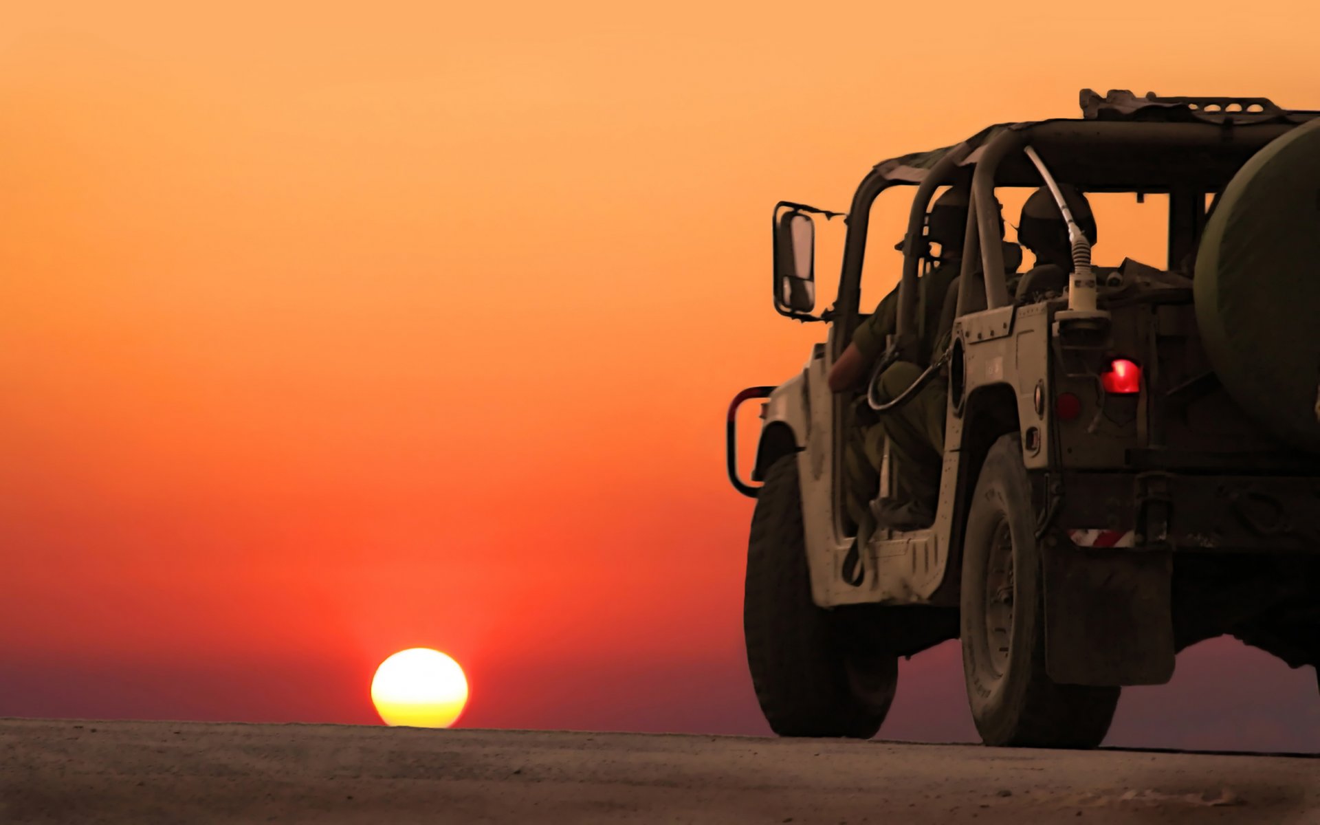 machinery men sunset landscape horizon war road