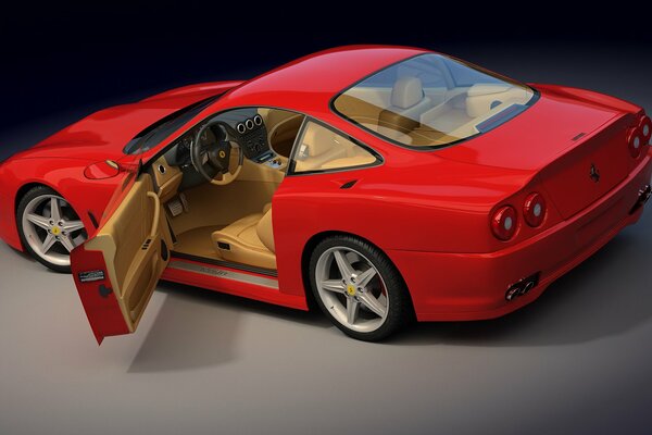 Roter Ferrari mit offener Tür auf grauem Hintergrund