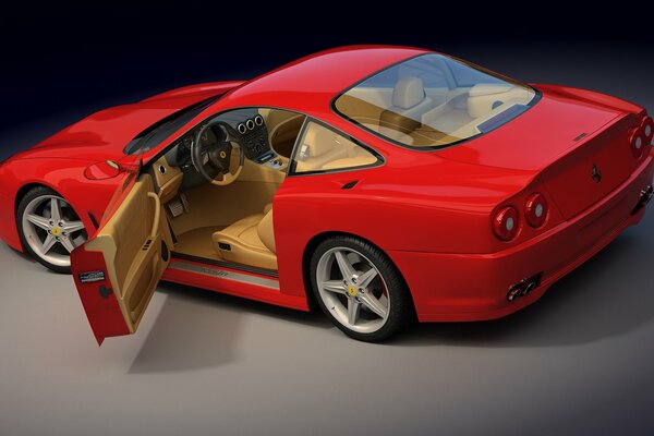 Red ferrari with open door on grey background