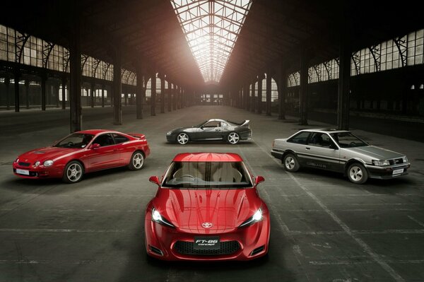 Les voitures de sport ou les voitures de sport Toyota ft 86 sont dans un hangar ou un garage