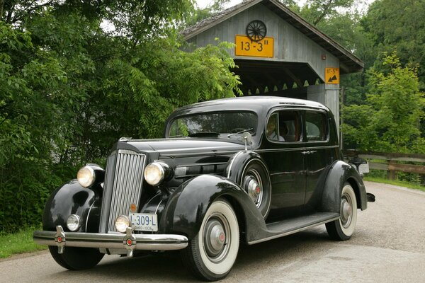 Retro-Auto auf einer Brücke unter grünen Bäumen