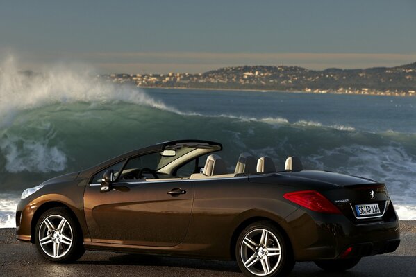 Peugeot Cabriolet marrón se dirige hacia las olas del mar