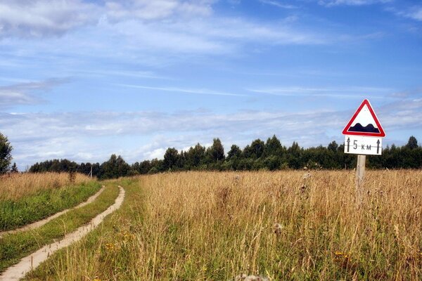 A road in a field with a road sign