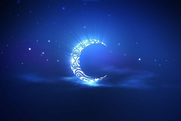 Светящийся узорный месяц на сине-голубом фоне звездного неба