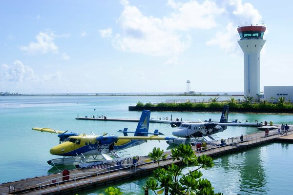 Arrival of planes at the airport in the Maldives