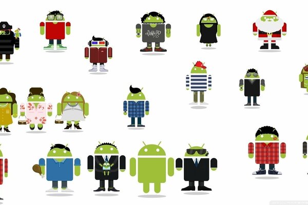 Figuras de hombre Android en diferentes trajes y diferentes profesiones