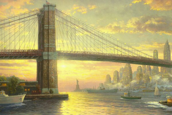 Thomas Kinkade s painting of the New York Bridge with the flag of America