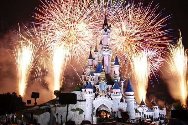 Fuochi d artificio di notte a Disneyland in Francia