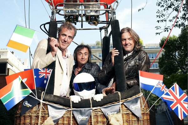 Top gear participants in the balloon basket