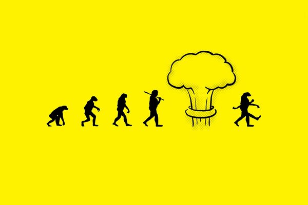 Image humoristique d une explosion nucléaire avec un homme sur fond jaune