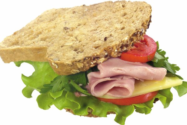Sandwich di prosciutto su sfondo bianco