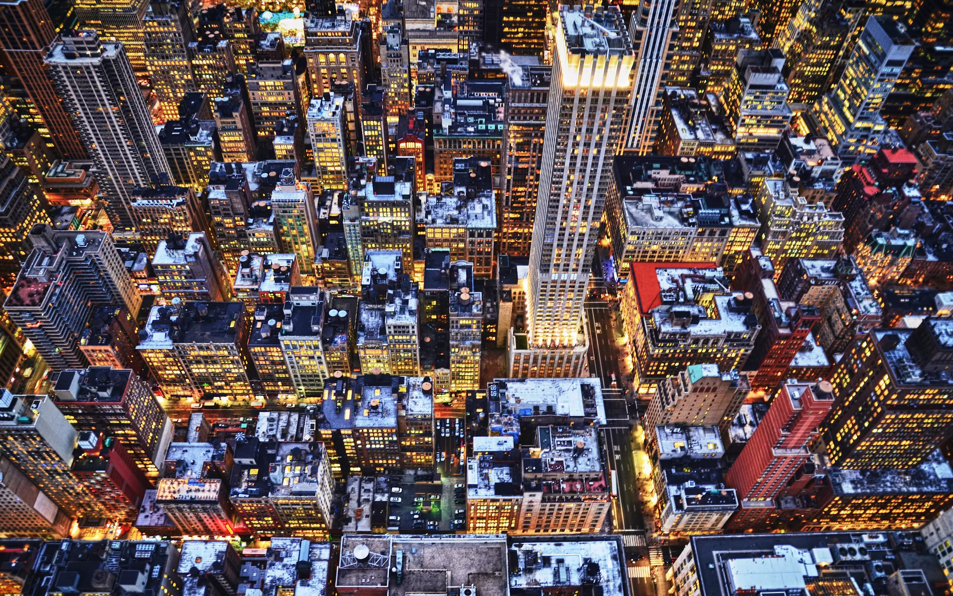 new york city wolkenkratzer lichter abend winter dächer gebäude