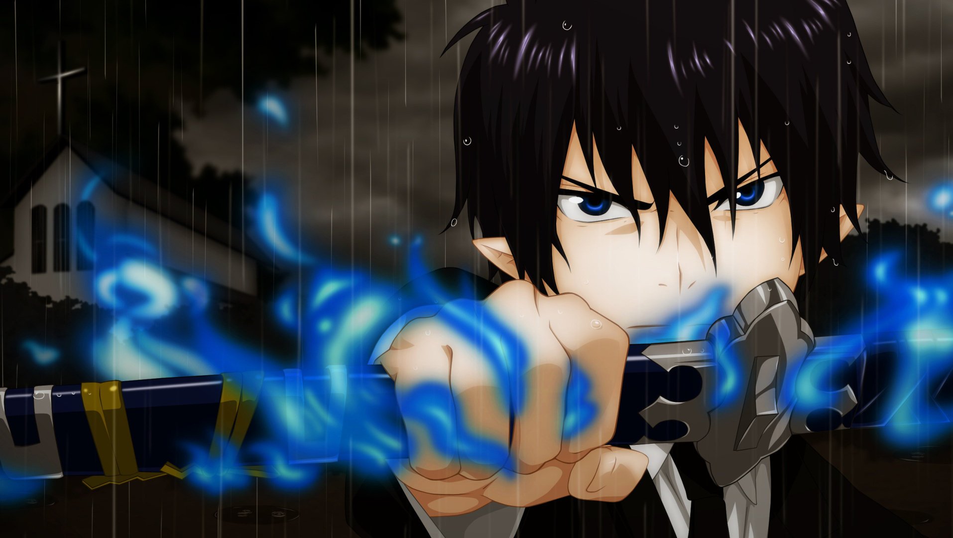 rin okumura flamme bleue exorciste bleu fond épée