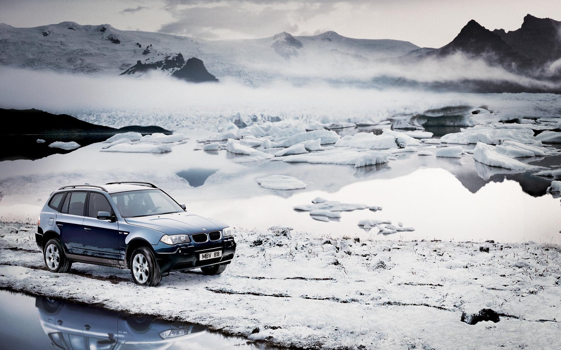 autos bmw bmw schnee winter eisschollen kälte frost wasser nebel himmel berge