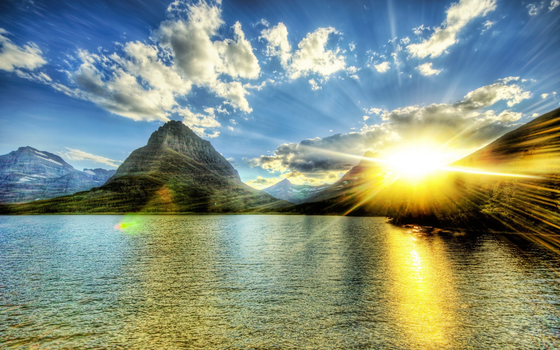 sonne see wolken berg himmel hdr