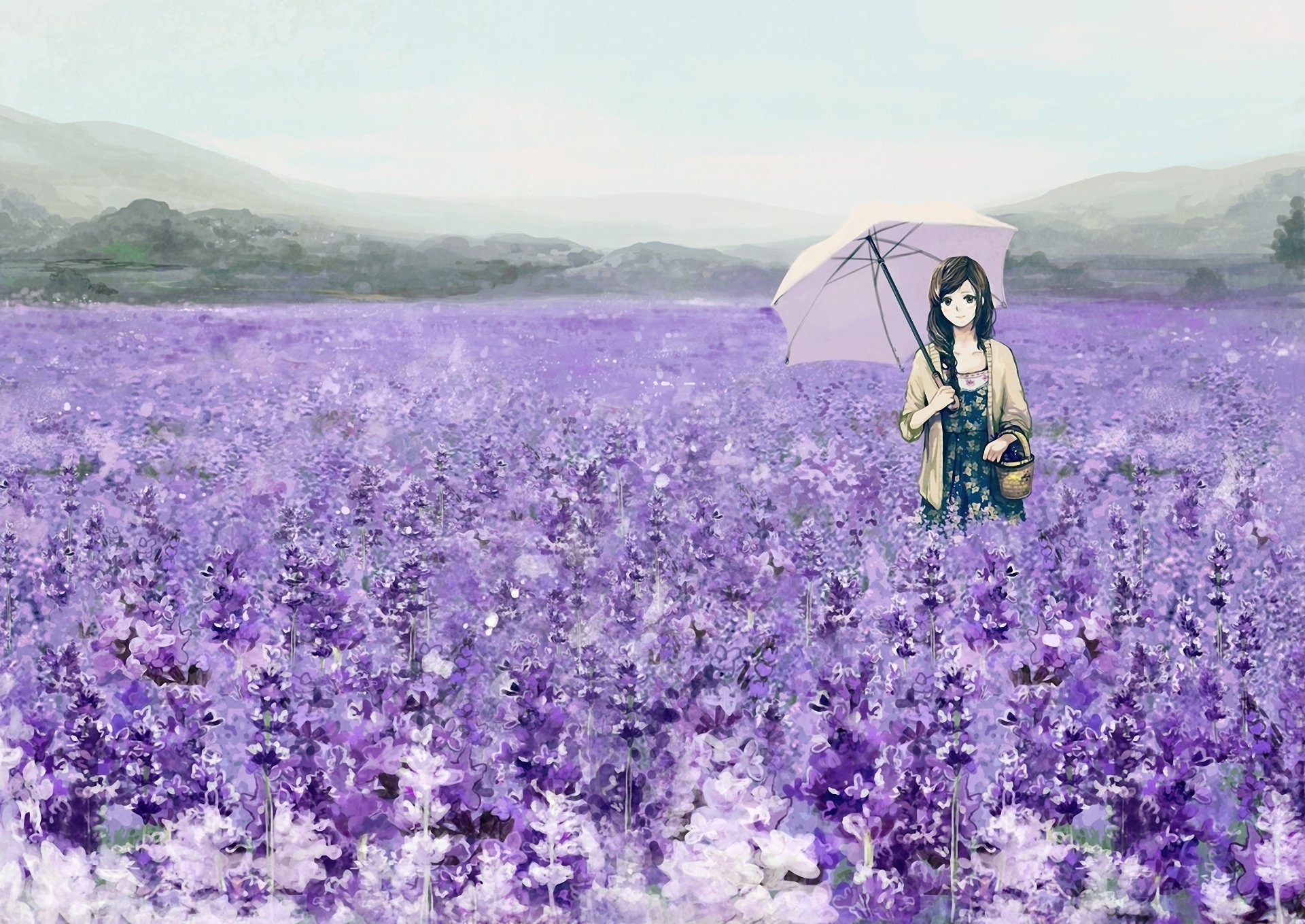 flowers lavender umbrella field art umbrella girl basket