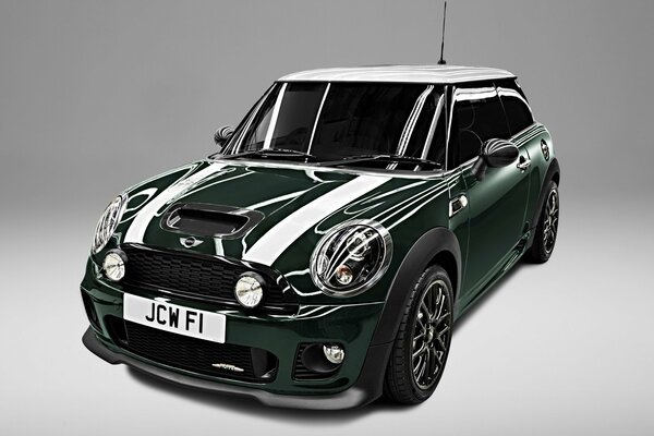 Mini cooper in green with white stripes