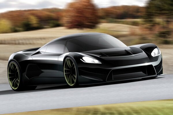 Dark sports car on the road in motion