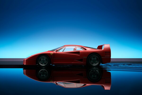 Ferrari F40 rossa con riflessione in acqua blu