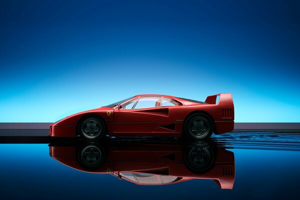 Красный Ferrari F40 с отражением в голубой воде