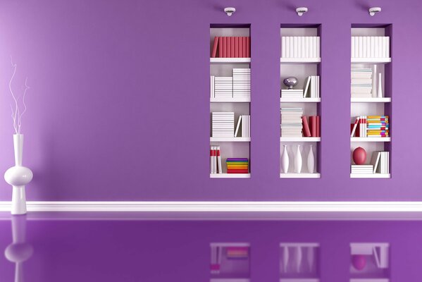 Minimalistyczna fioletowa ściana z półkami