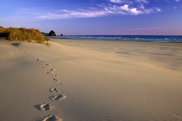 Ludzkie ślady na piaszczystym brzegu w pobliżu morza