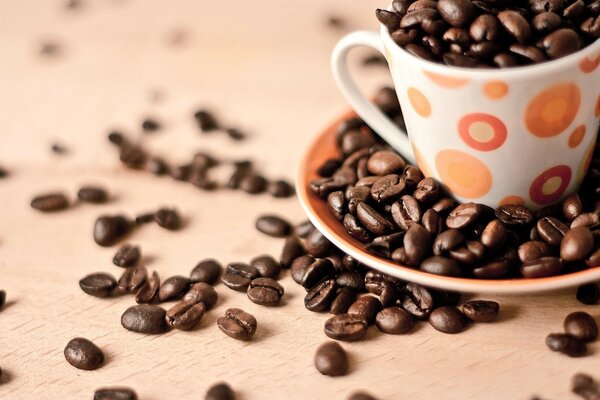 Coffee mug filled with coffee beans