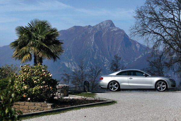 Audi grigio sta sullo sfondo delle montagne