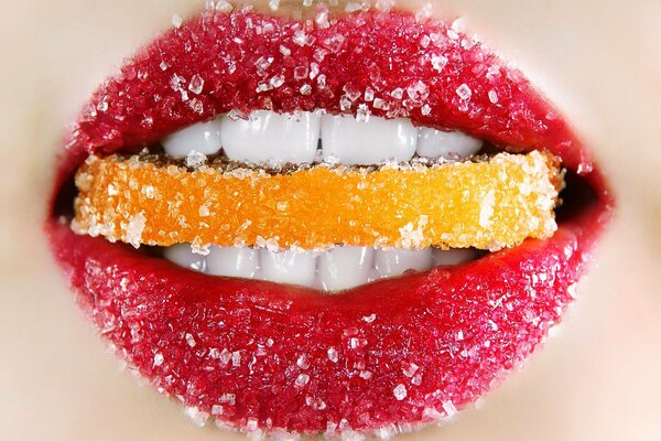 Sugar red lips with a piece of orange