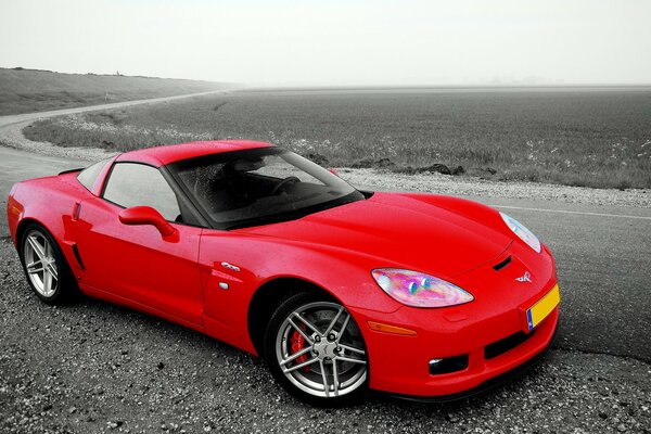 Coche rojo sobre fondo blanco y negro