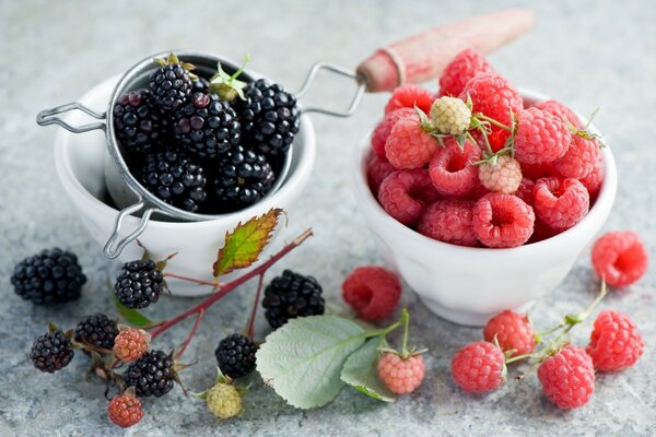 Framboises et mûres dans des bols sur la table