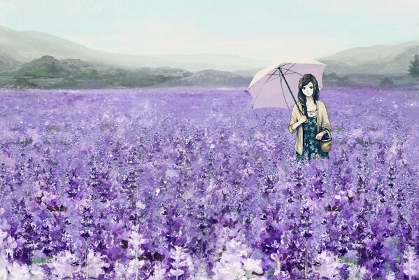 Ragazza sentita romanticamente sotto un ombrello in un campo di lavanda