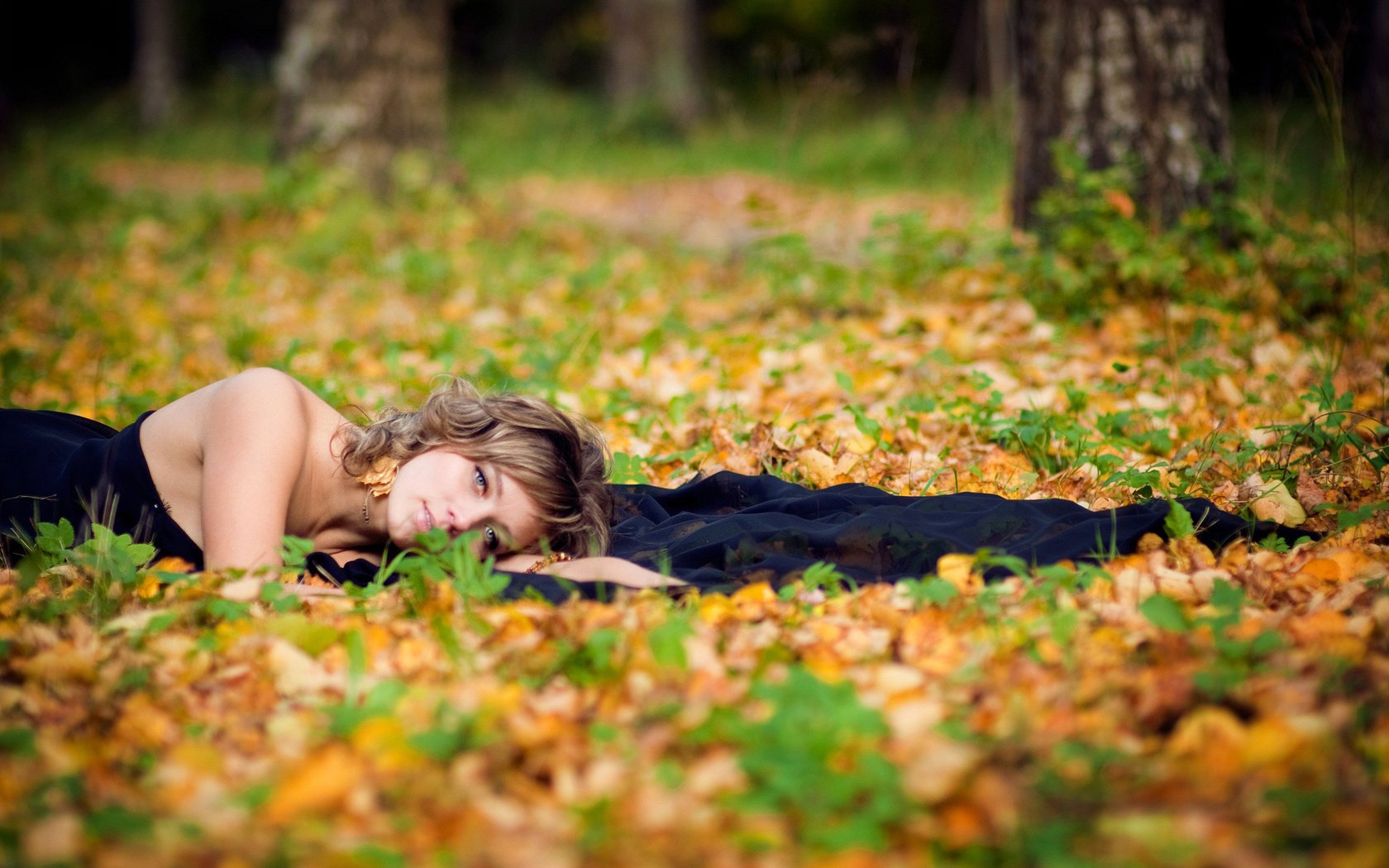 forest brown hair black dress autumn