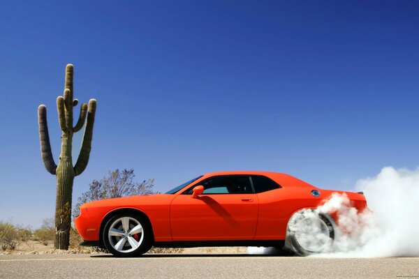 Arancione dodge Challenger arancione nel deserto