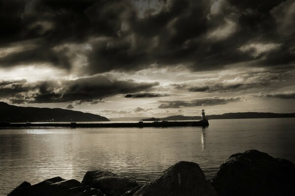 Lighthouse on the bay in black and white