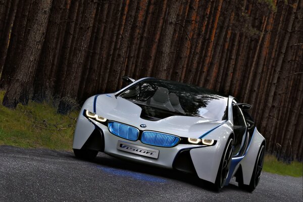 On the highway against the background of the forest - an unusual tuned boomer, front view