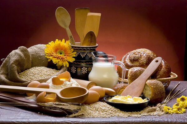 Rustic products on the table with a flower