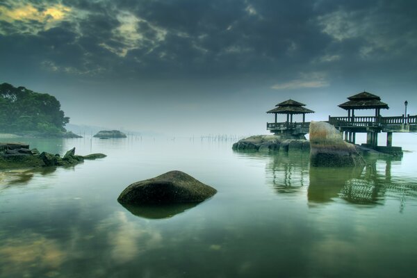 Landscape pier near the bay in the evening