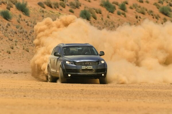 Desierto con el coche de Audi en la deriva. Nube de polvo