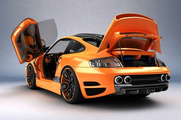 Porsche 911 orange with open door and trunk